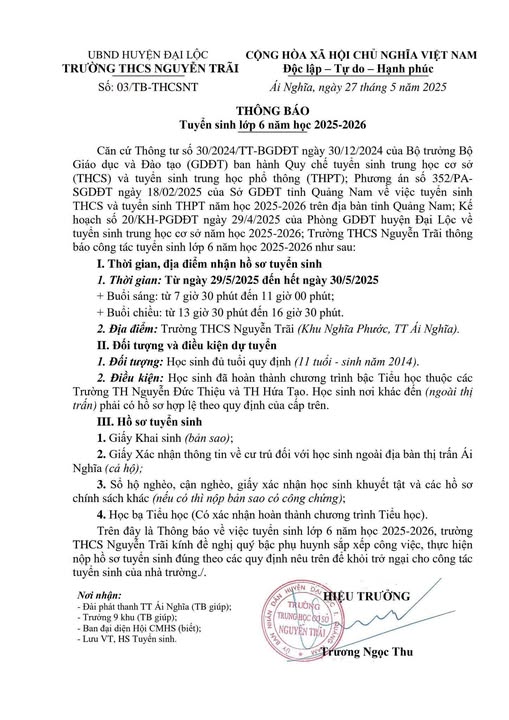 Trường THCS Nguyễn Trãi thông báo Tuyển sinh lớp 6 năm học 2025-2026