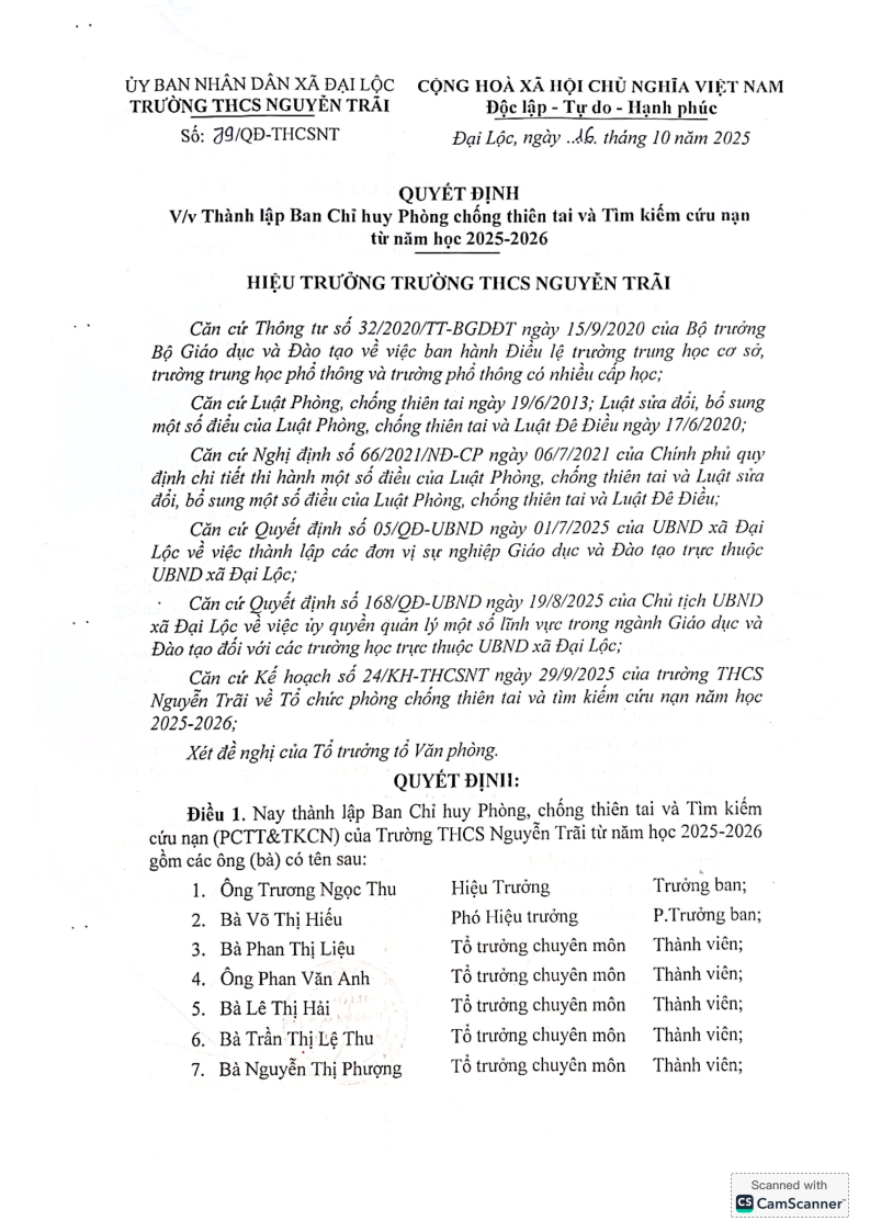 Quyết định thành lập Ban chỉ huy và phân công nhiệm vụ các thành viên Ban chỉ huy Phòng chống thiên tai và tìm kiếm cứu nạn từ năm 2025-2026; Kế hoạch tổ chức phòng chống thiên tai vầ tìm kiếm cứu nạn từ năm 2025-2026